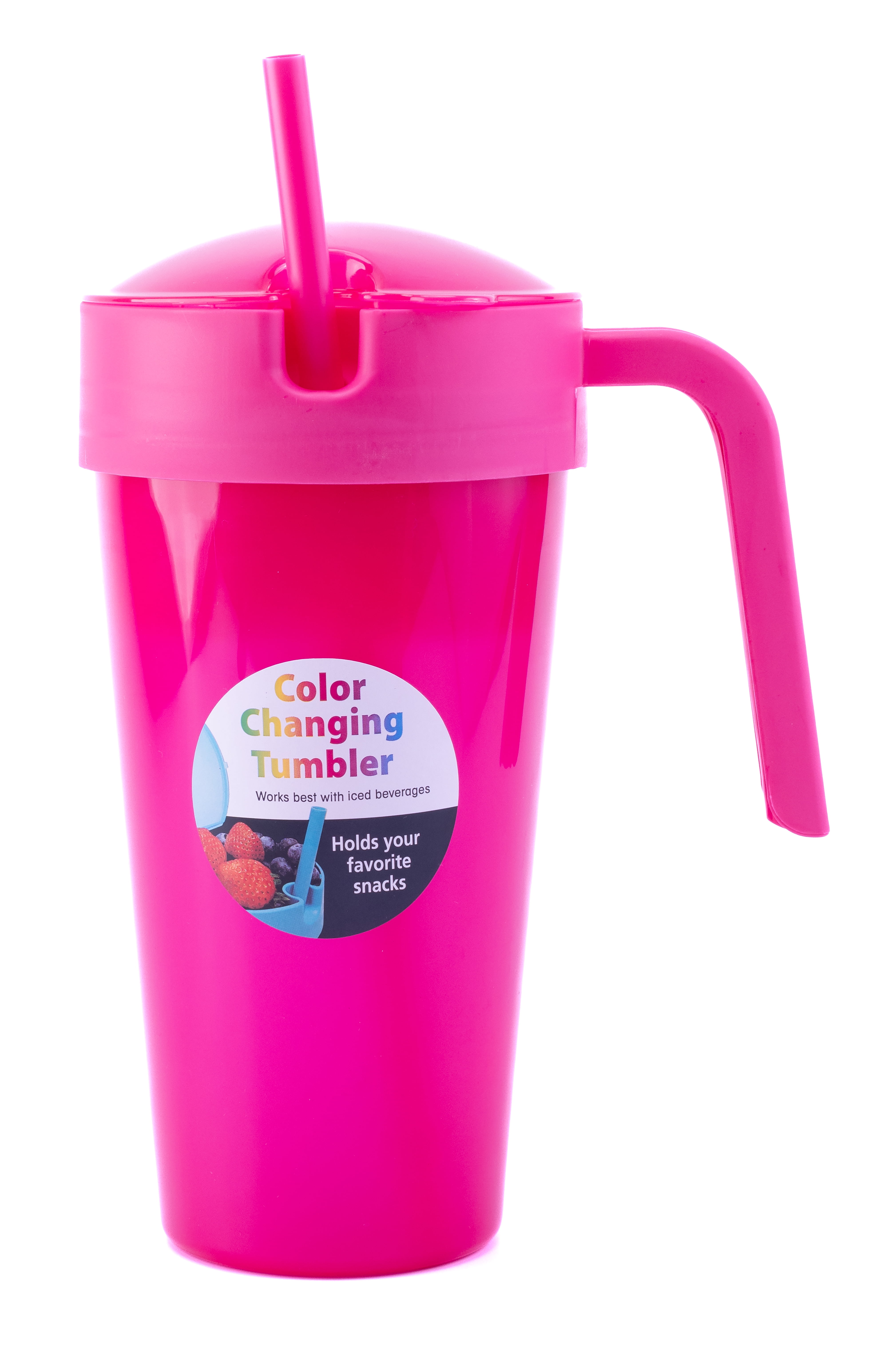 Mainstays 24 oz Plastic Snack Tumbler with Straw, Pink, Color Changing