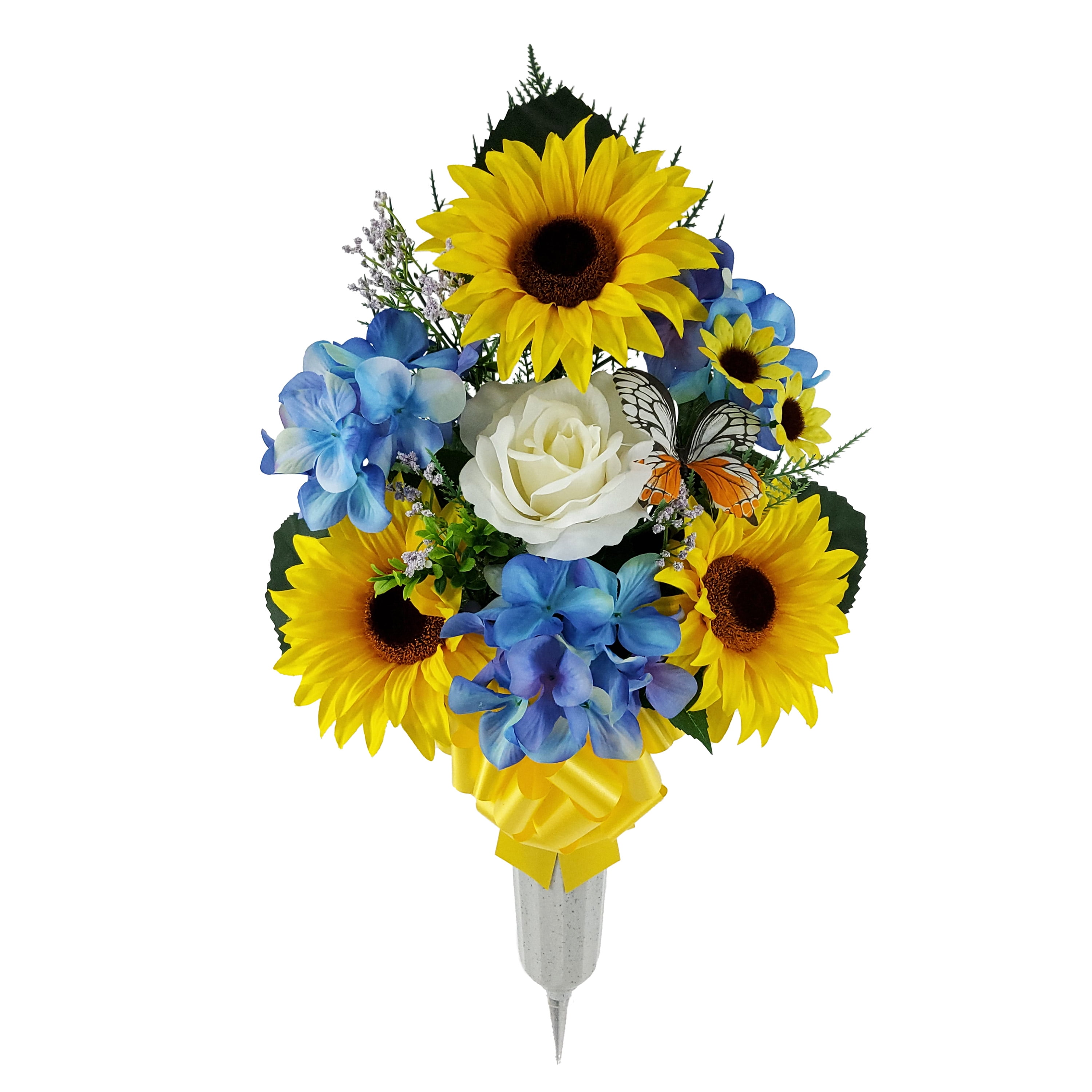 Mainstays 25in Outdoor Artificial Flowers in Vase, Yellow Sunflower Mix with Blue Hydrangea.