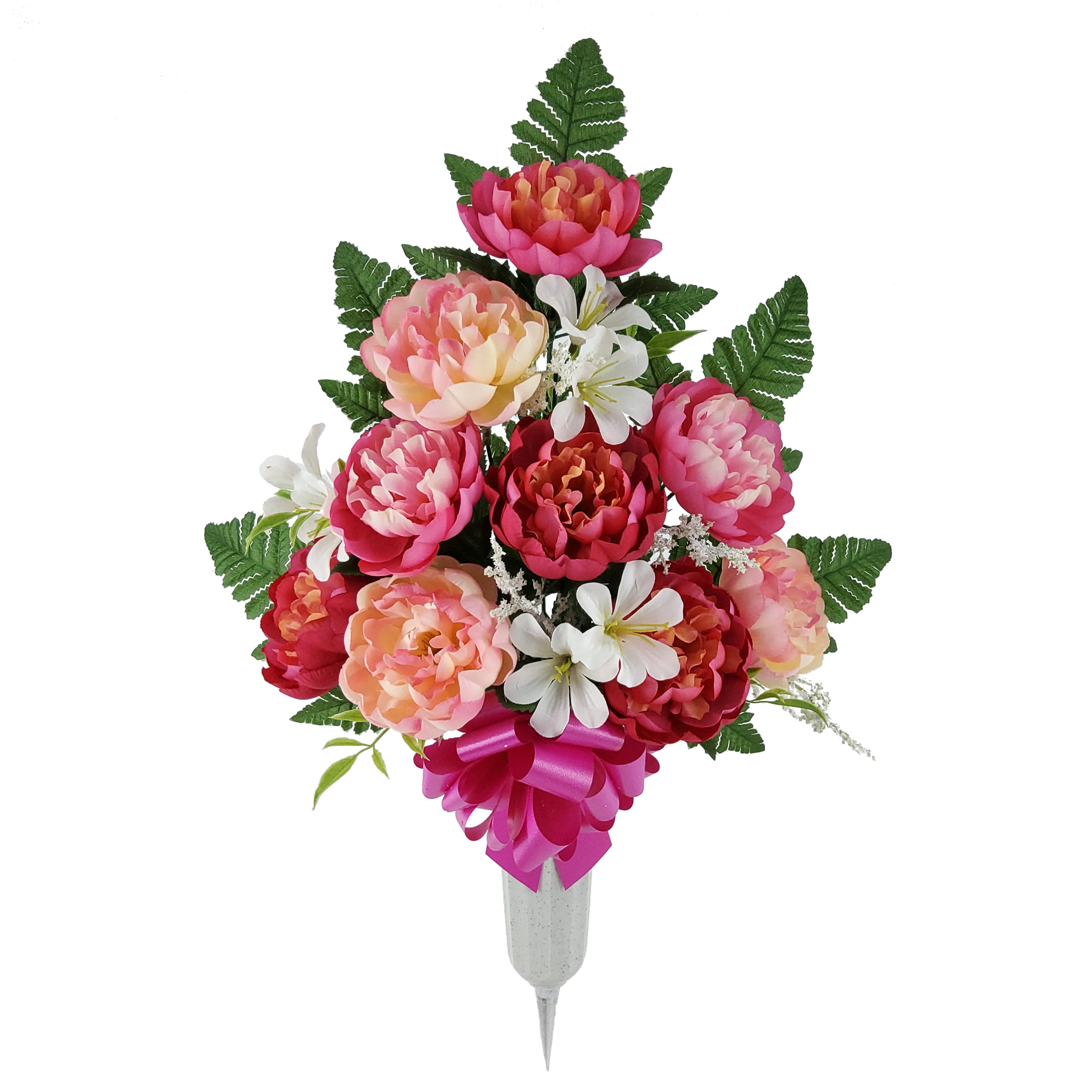 Mainstays 25in Outdoor Artificial Memorial Peony Flowers in Vase, Pink Color.