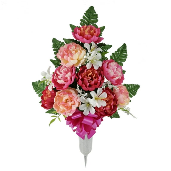 Mainstays 25in Outdoor Artificial Memorial Peony Flowers in Vase, Pink Color.