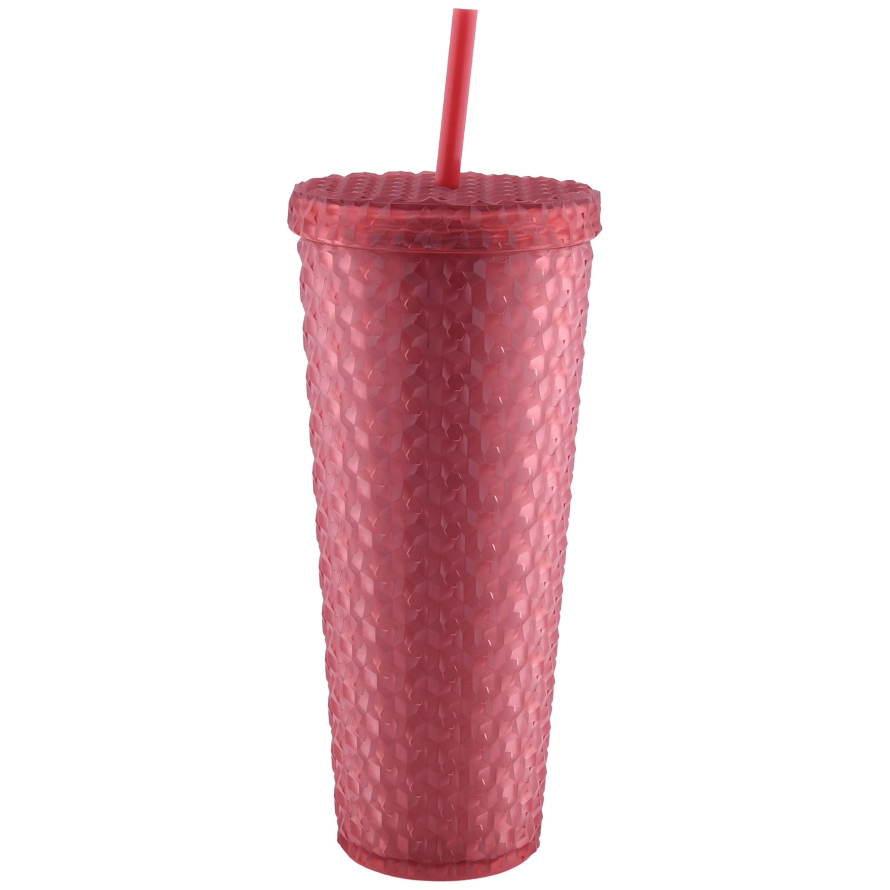 Mainstays 26 oz Rose Gold Luster Double-Wall Plastic Tumbler with Straw, 4 Pack