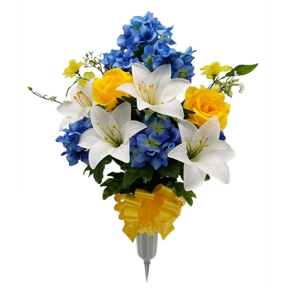 Mainstays 26 inches Outdoor Artificial Flowers in Vase,Lily and Hydrangea Flower, White and Blue Color.