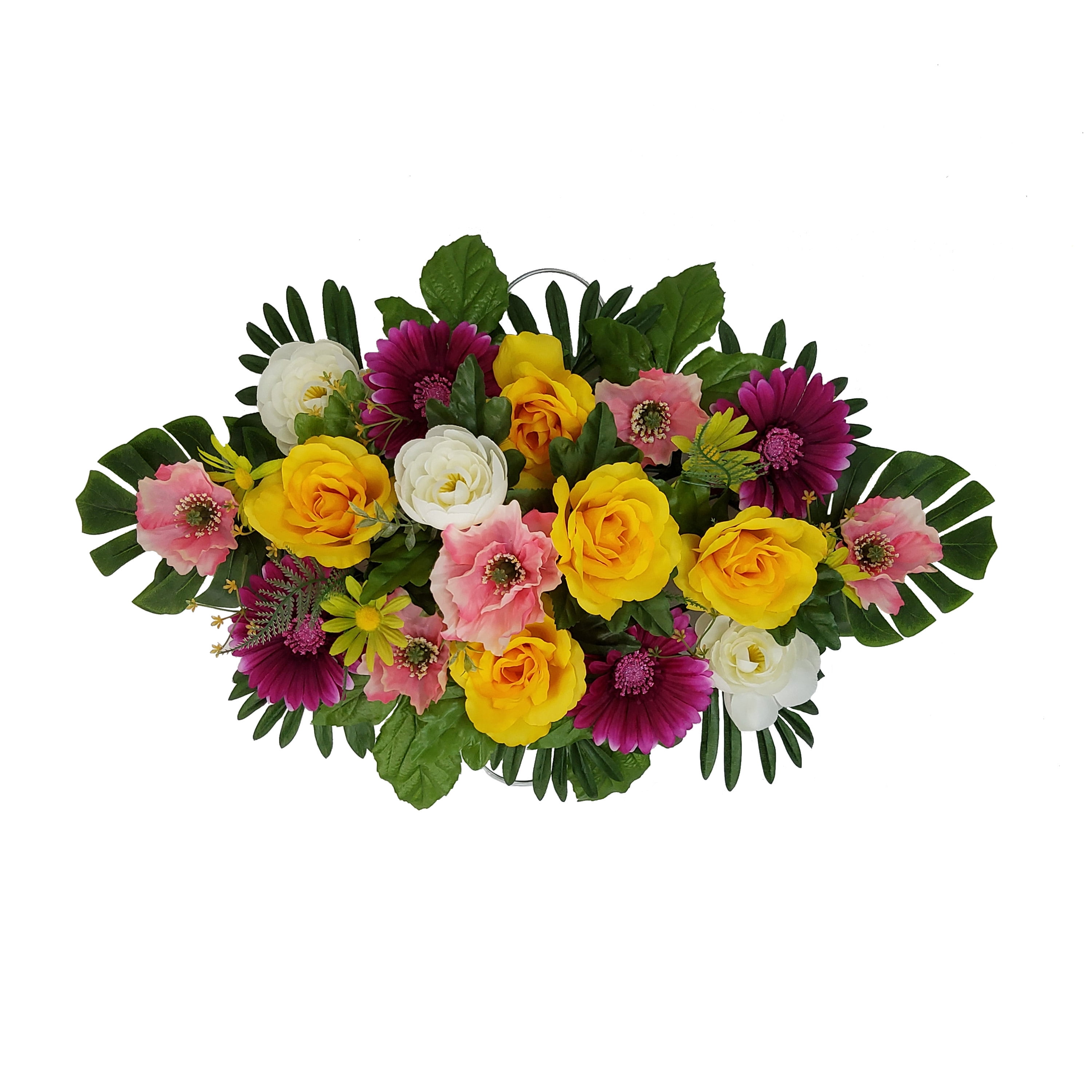 Mainstays 27.5in Outdoor Artificial Floral Headstone Saddle, Poppy & Rose Flowers, Yellow and Pink.