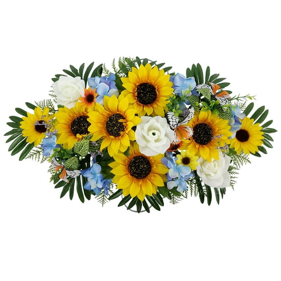 Mainstays 27.75in Outdoor Artificial Floral Headstone Saddle, Sunflower, Rose, Hydrangea, Yellow Color.
