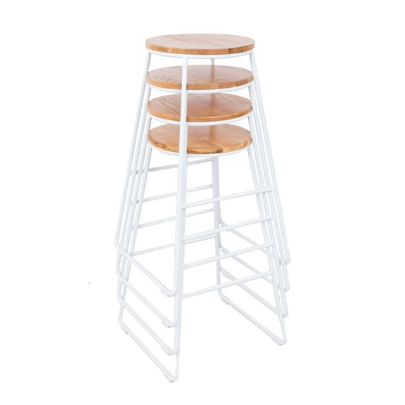 Mainstays 28"H Backless Stool White Metal Base with Natural Wood Seat - Set of 4