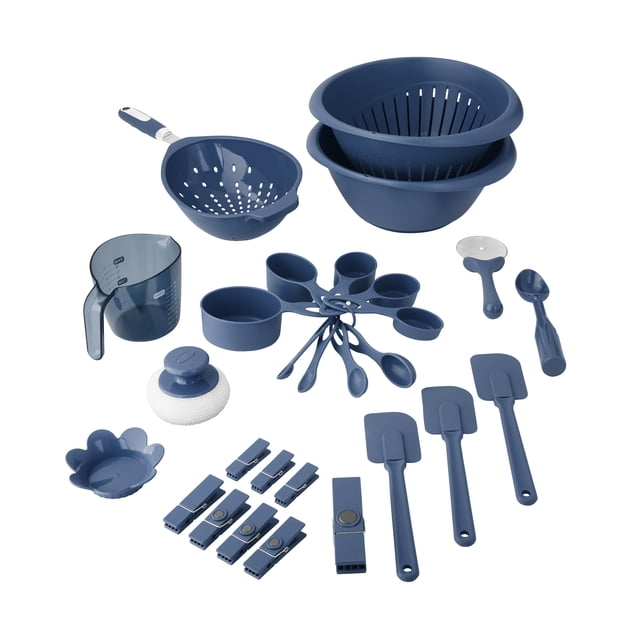 Mainstays 28-Piece Plastic Kitchen Tools and Gadgets Set, Navy Blue ...