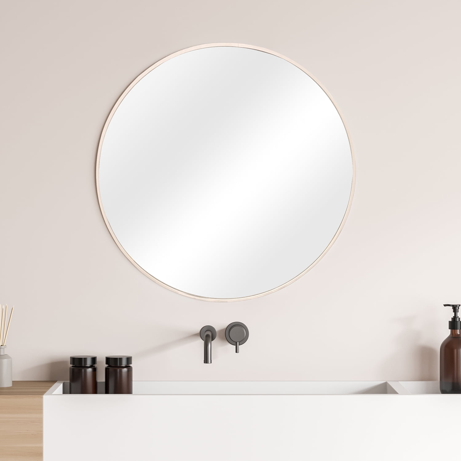 Mainstays 28" Round Aluminum Wall Mirror, Natural Wood