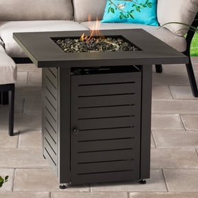 Mainstays 28 in Square Propane Fire Pit Table with Convertible Metal Lid, 50,000 BTU, Hidden Tank Storage, Lava Rocks, Cover, Black
