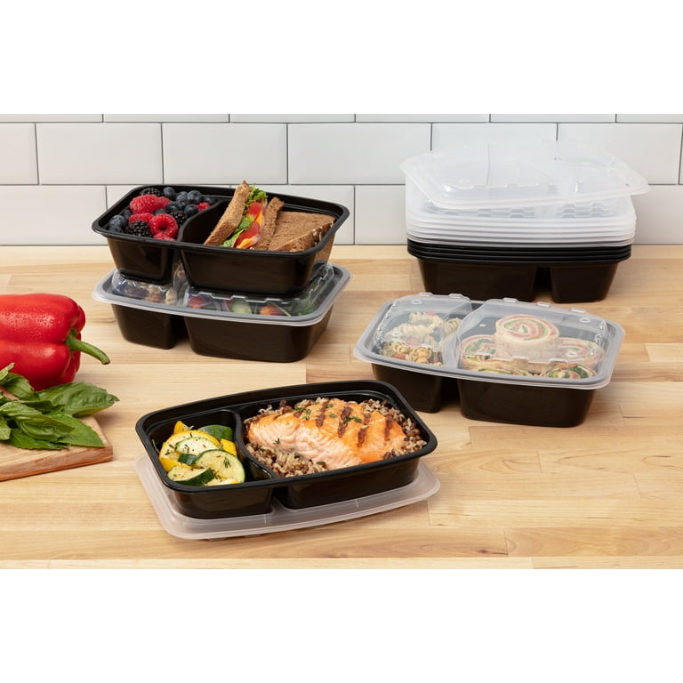 Mainstays 28 oz 2-Compartment Rectangular Black Container with Clear Lid,  50 Pack - Re-usable Microwave, Freezer and Dishwasher Safe, BPA Free Food