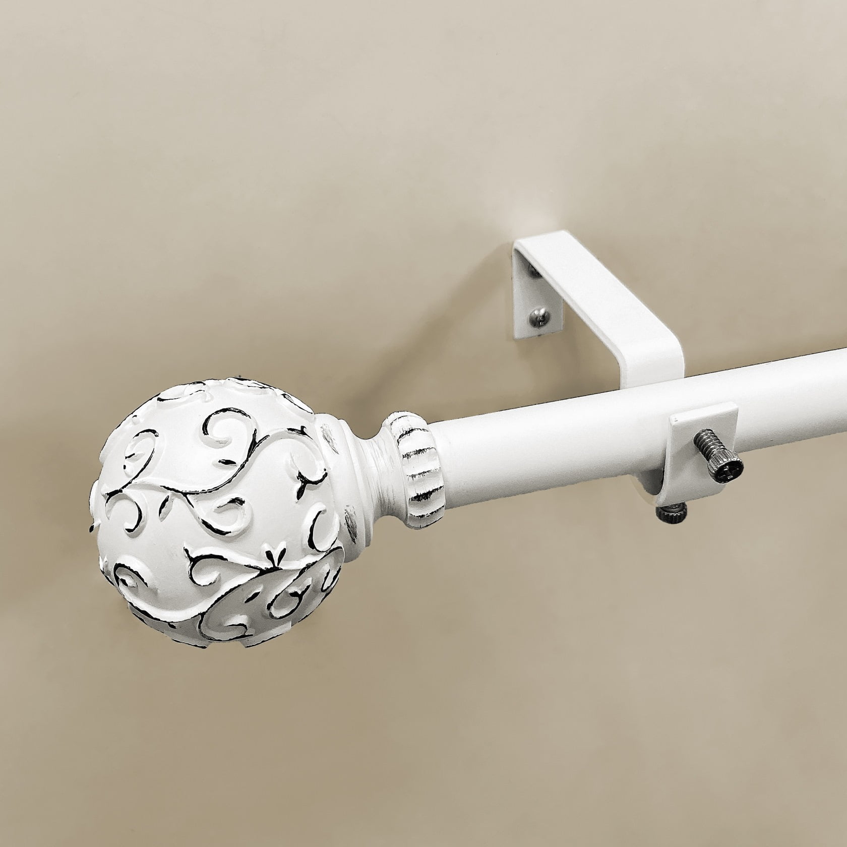 Adjustable White Steel Filigree Ball Curtain Rod, 30-84 Inches