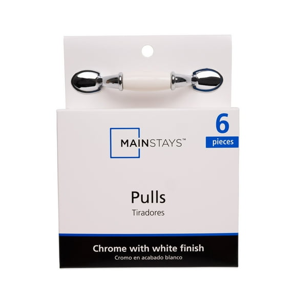 Mainstays 3" (76mm) Center-to-Center Classic Cabinet Pull, Chrome and White, 6 Pack