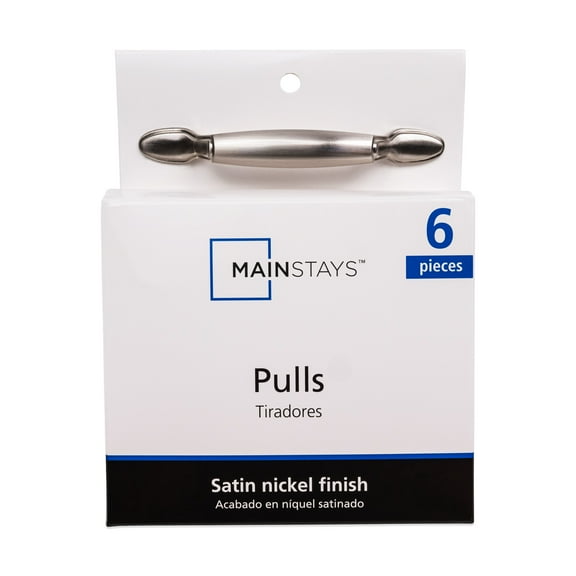 Mainstays 3" (76mm) Center-to-Center Footed Cabinet Pull, Satin Nickel, 6 Pack
