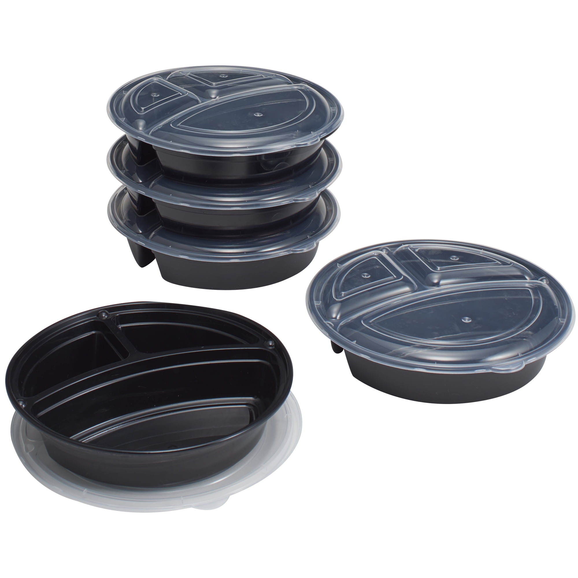 Mainstays 3-Compartment 1L Round Meal Prep Food Storage Container, 5 Pack, Size: One size, Black