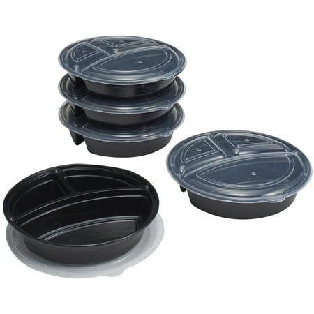 Mainstays Round Meal Prep Food Storage Containers with Lids, 5-Pack, 3 Compartments, 1 L Each