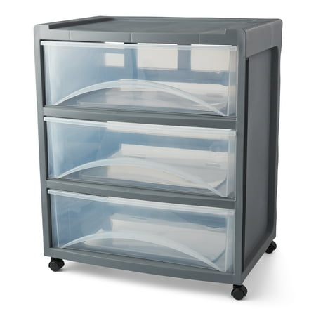 Mainstays 3 Drawer Wide Storage Cart, Gray