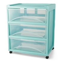 Mainstays 3-Drawer Wide Plastic Storage Cart, Mint, with Casters