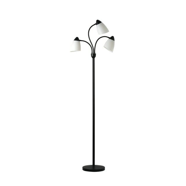 Mainstays 3 Head Adjustable Floor Lamp, Black with White Plastic Shades, Classic, Young Adult, Adult use.