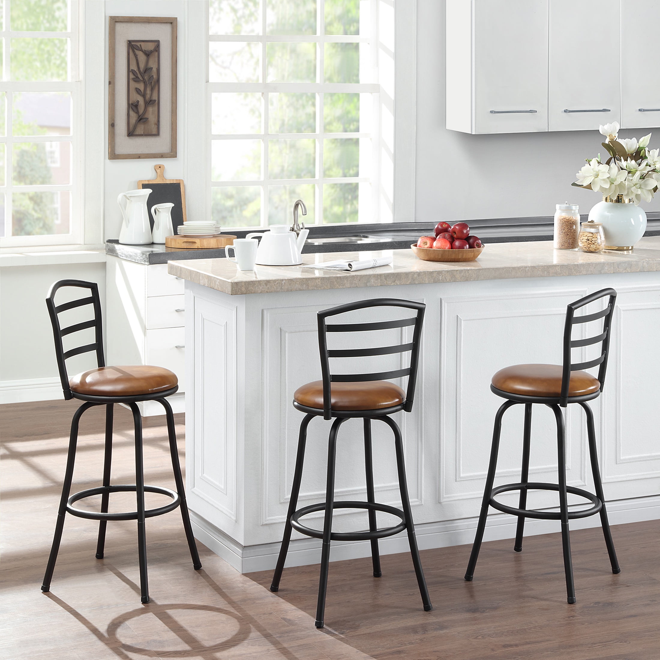 Mainstays 3-Pack Adjustable 24" - 29" Barstool, Black Metal and Camel Faux Leather Seat