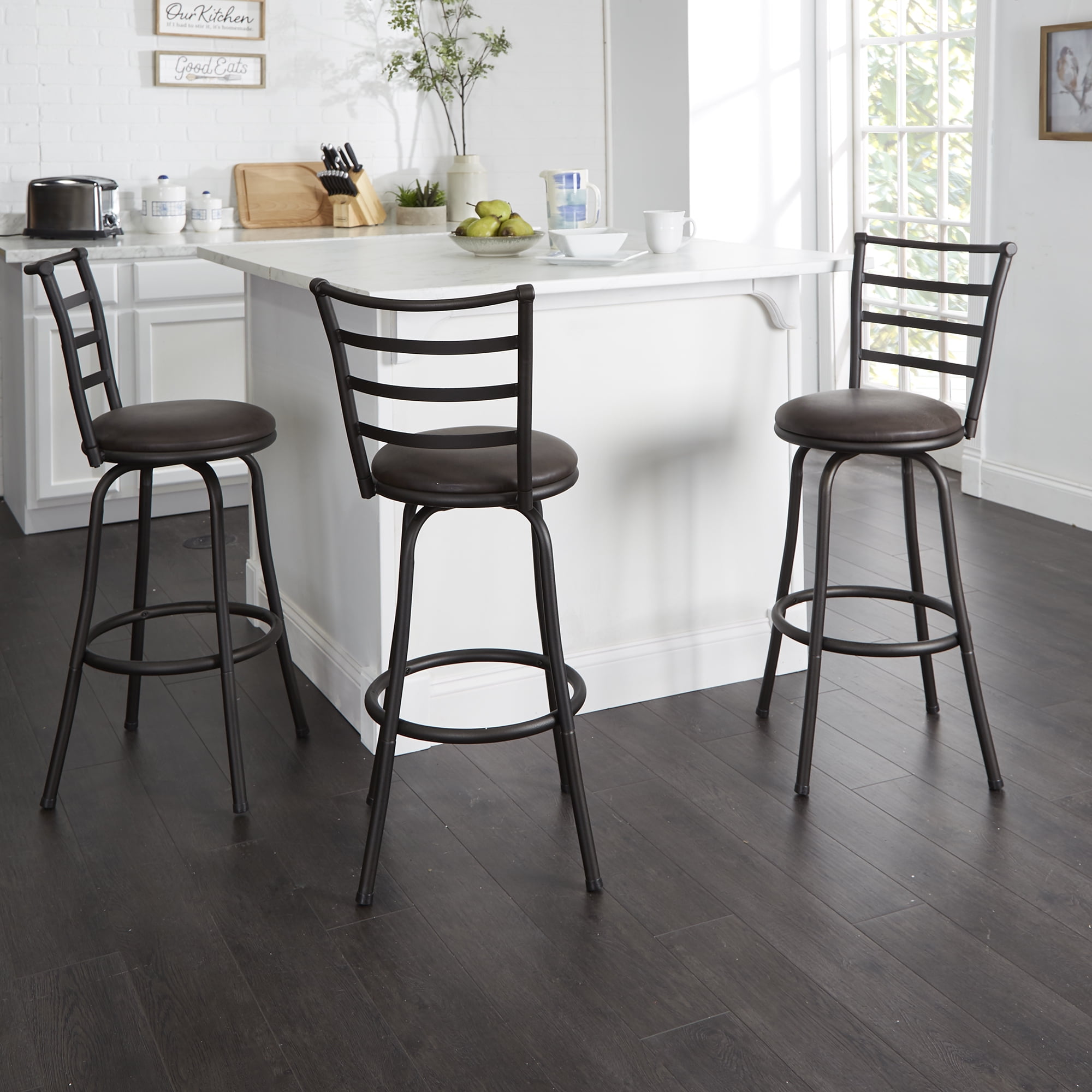 Mainstays 3-Pack Indoor Adjustable 24" or 29" Bronze Ladder Back Swivel Barstool, Espresso Vegan Leather Seat