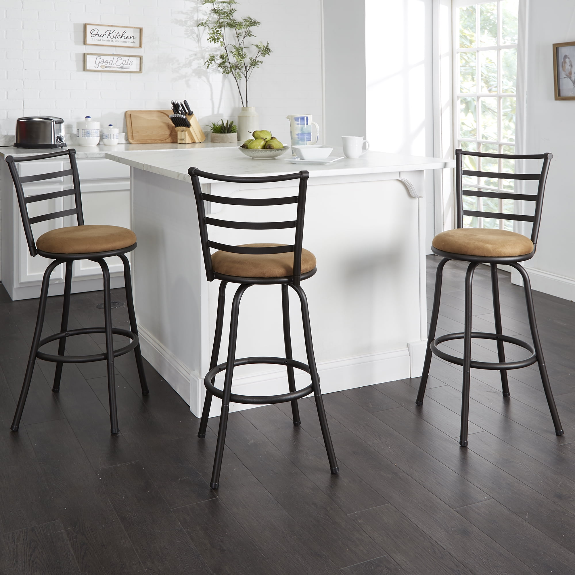 Mainstays 3-Pack Indoor Adjustable 24" or 29" Bronze Ladder Back Swivel Barstool, Tan Microfiber Seat