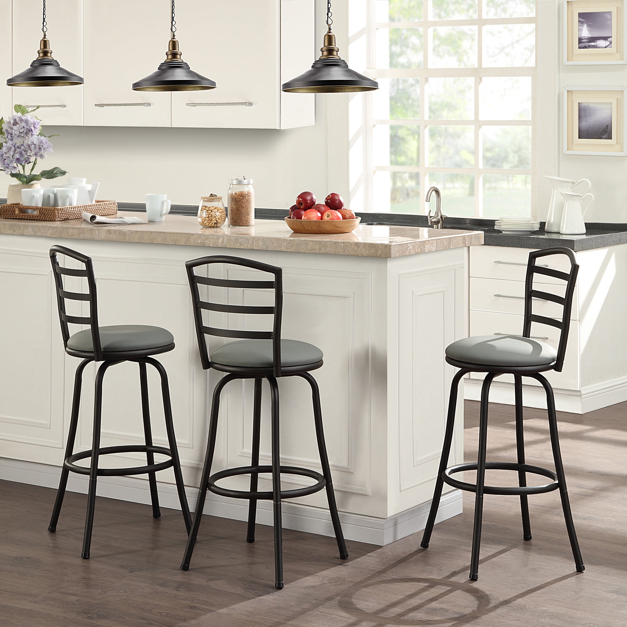 Mainstays 3 Pack Indoor Adjustable 24" or 29" Swivel Adjustable Black Metal Barstool, Dark Gray Seat