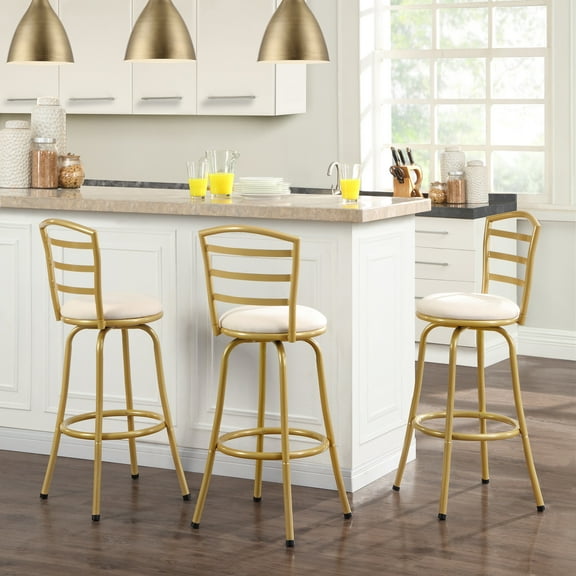 Mainstays 3 Pack Indoor Adjustable 24" or 29" Swivel Gold Metal Barstool, Cream Seat