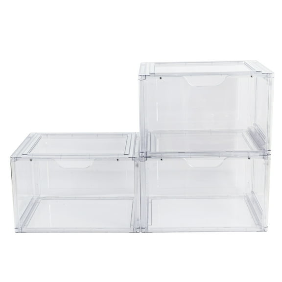 Mainstays 3 Pack Stackable Clear Glossy Plastic Drop Front Shoe Organizer, Adult Size, 1 Tier