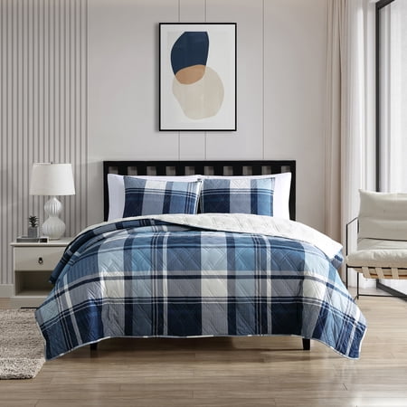 Mainstays 3-Piece Adult Quilt Set, Blue Plaid, Full/Queen