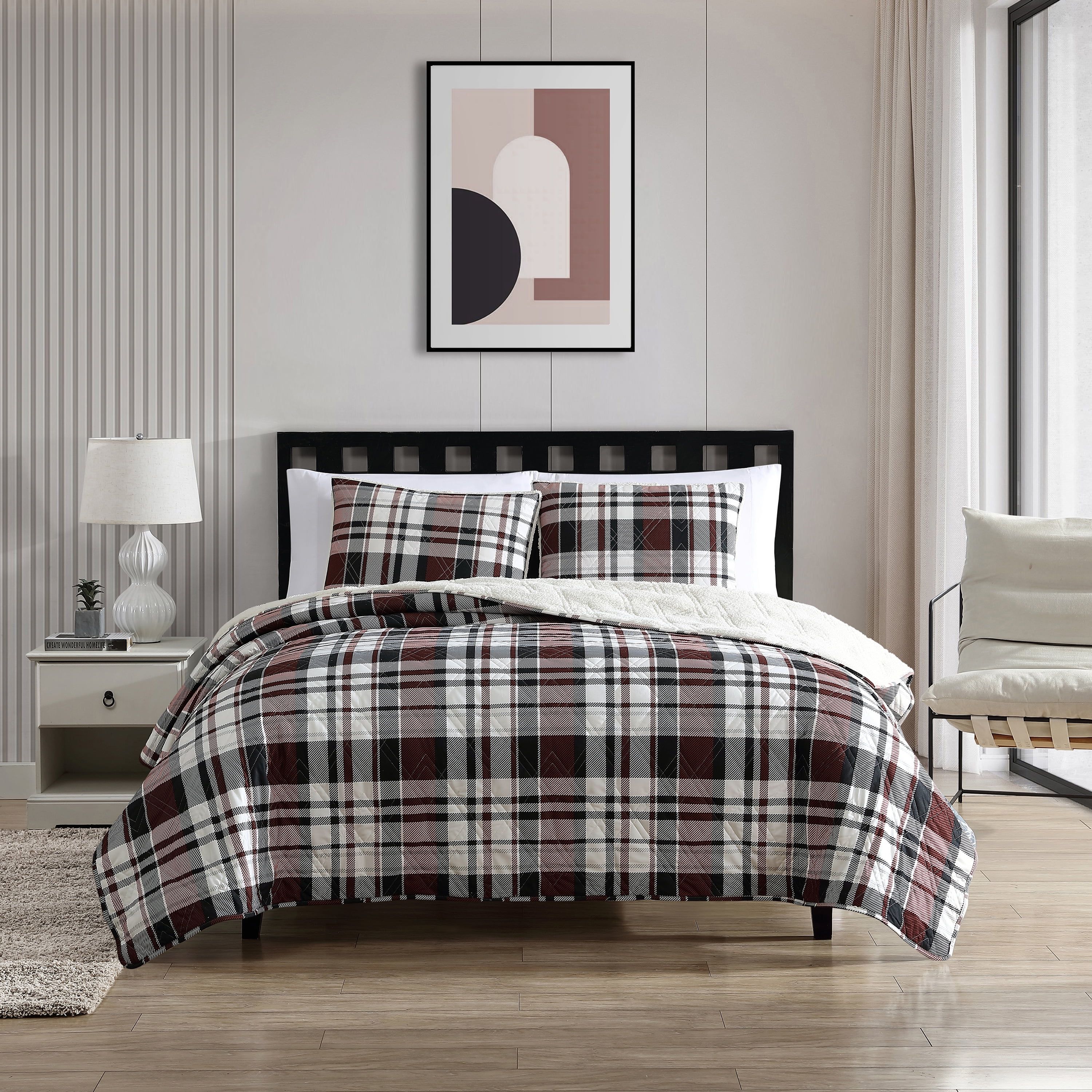 Mainstays 3-Piece Reversible Adult Quilt Set, Red Plaid, King