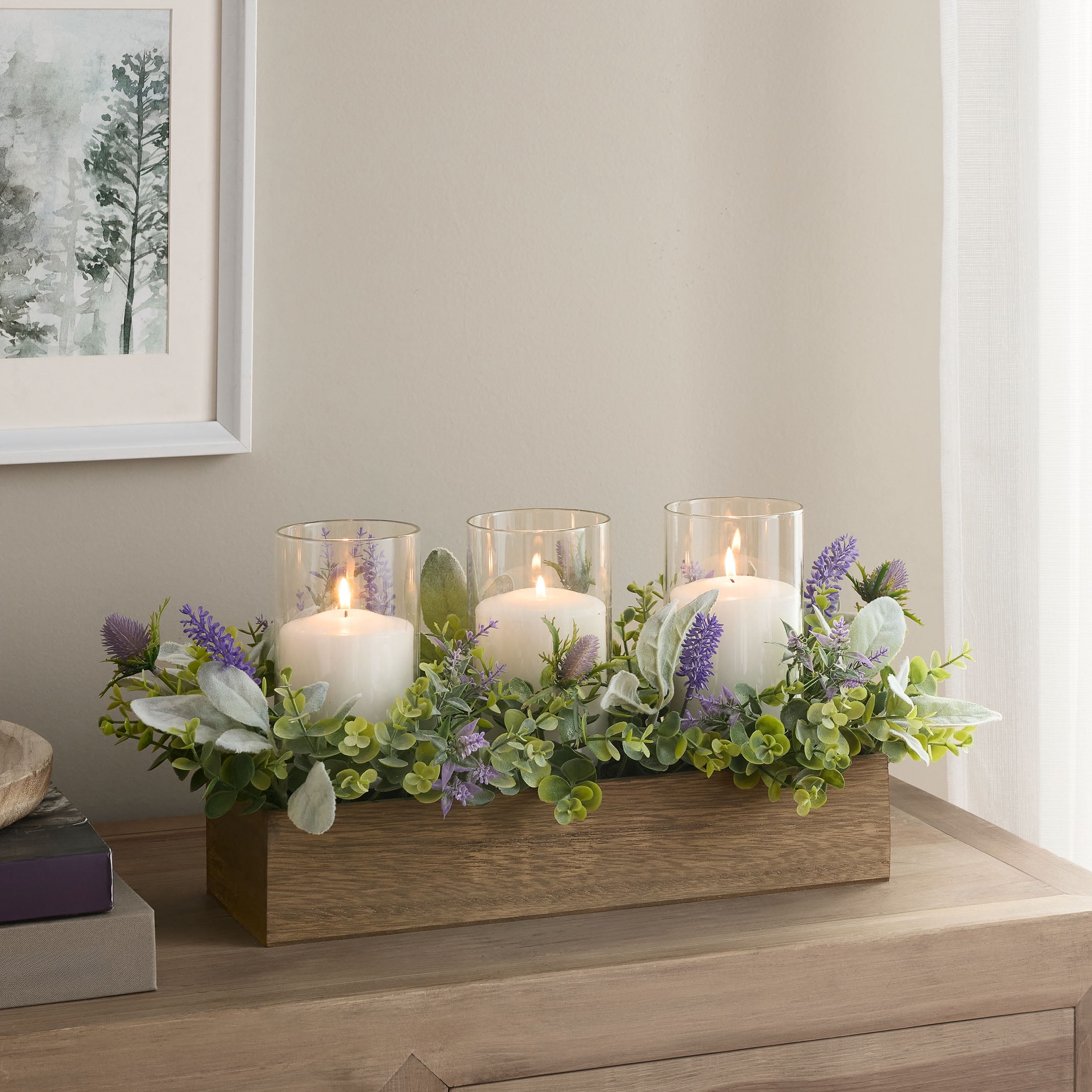 Mainstays Decorative Pillar Candleholder Centerpiece with Faux Lavender and Brown Wooden Box, 9"