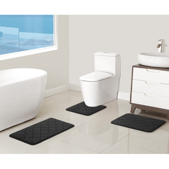 Mainstays 3-Piece Memory Foam Bath Rug Set, Black, Contour 18 in x 18 in, 17 in x 24 in, 18 in x 30 in