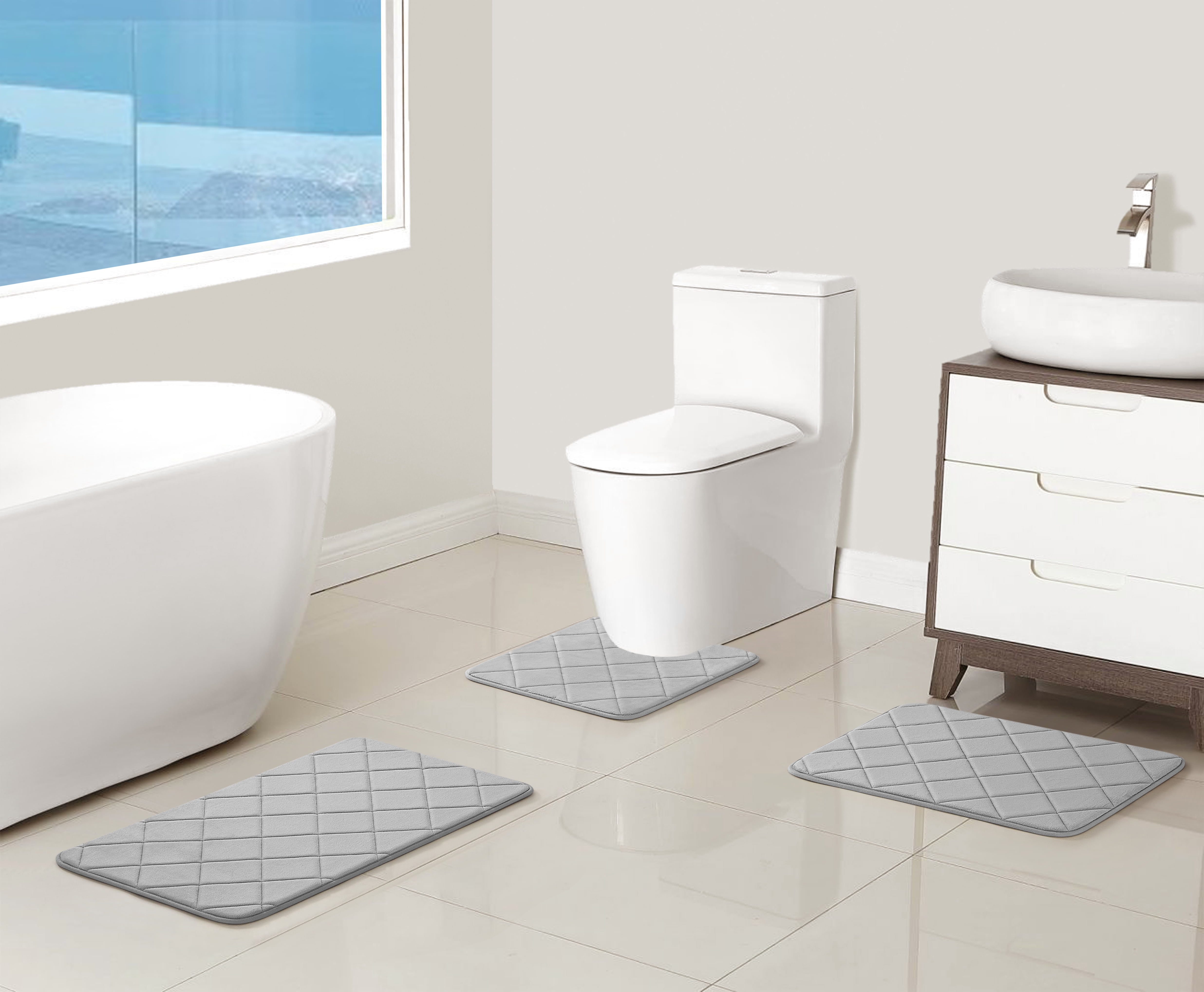 Mainstays 3-Piece Memory Foam Bath Rug Set, Gray, Contour 18 in x 18 in, 17 in x 24 in, 18 in x 30 in