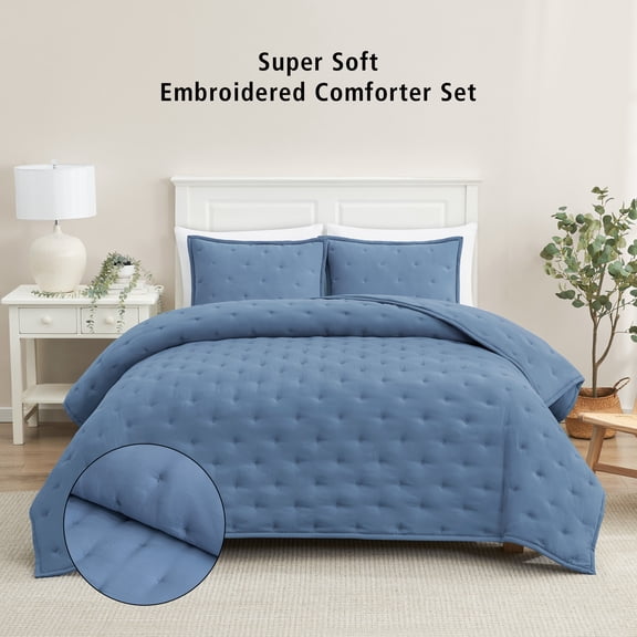 Mainstays Full/Queen Comforter Set, Super Soft & Embroidered, 3-Piece, Blue