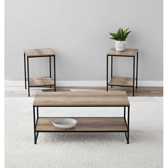 Mainstays 3-Piece Coffee and End Table Set, Rustic Brown Finish with Black Metal Frame