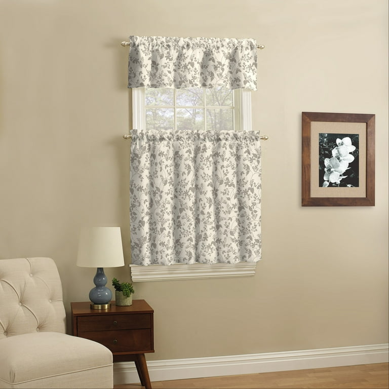 Mainstays 3 Piece Gray Botanical Light Filtering Rod Pocket Tier