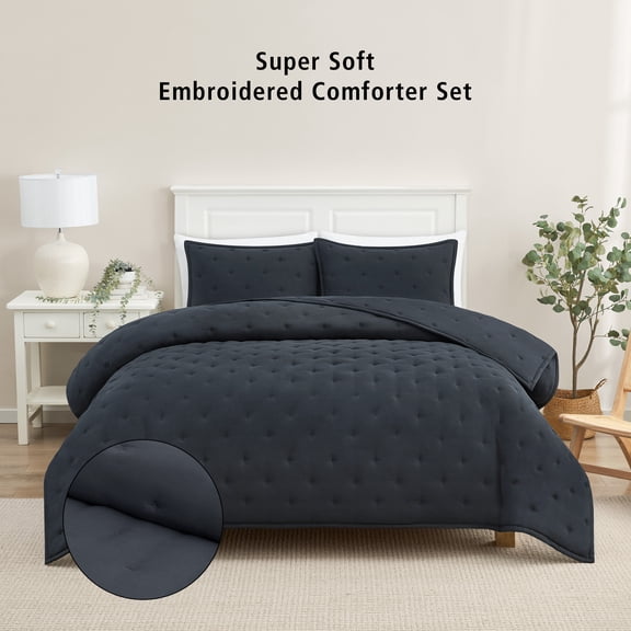 Mainstays Full/Queen Comforter Set, Super Soft & Embroidered, 3-Piece, Grey