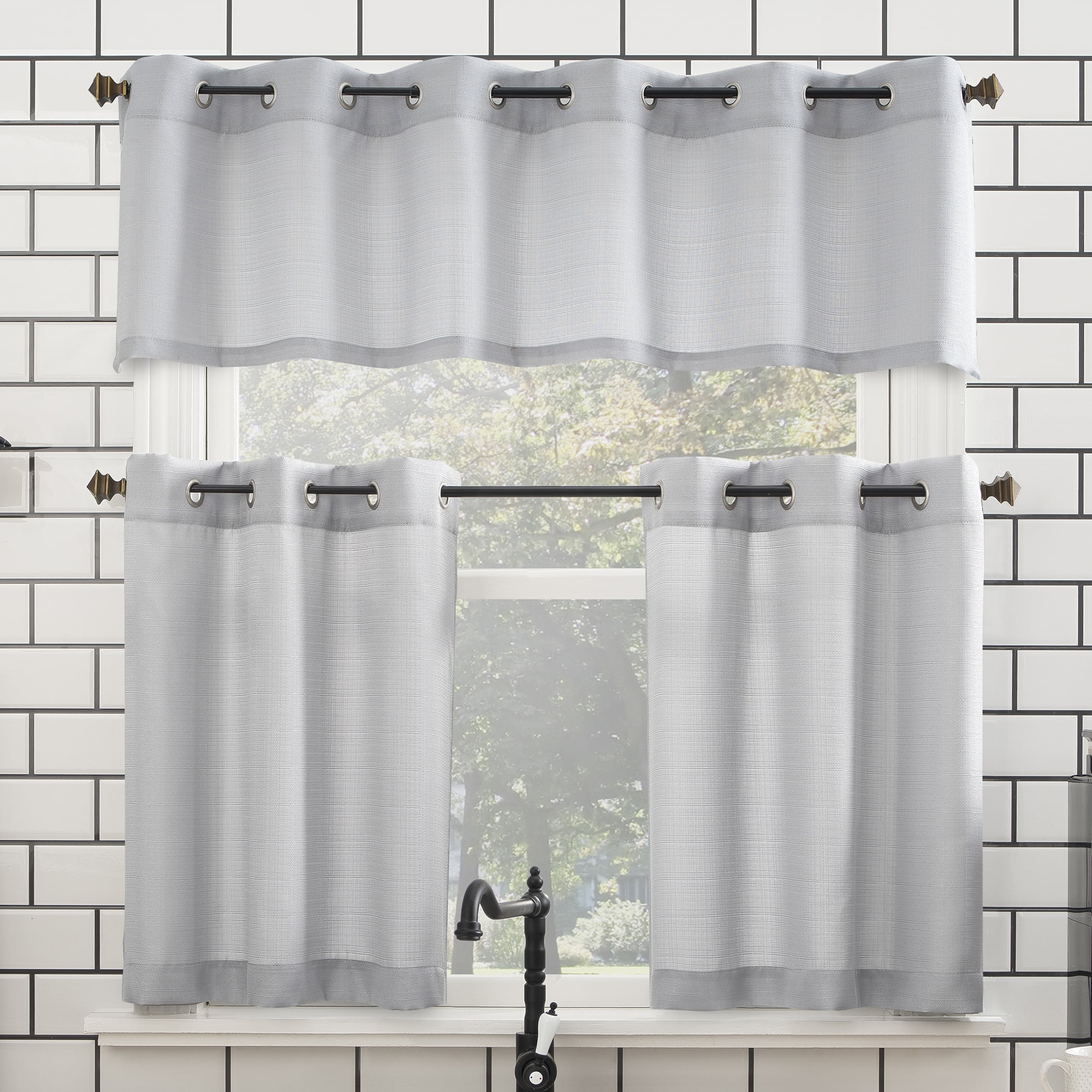 Mainstays Solid Semi-Sheer Curtain Tier Pair and Valance Set, 3-Piece, Silver, 54 in W x 24 in L