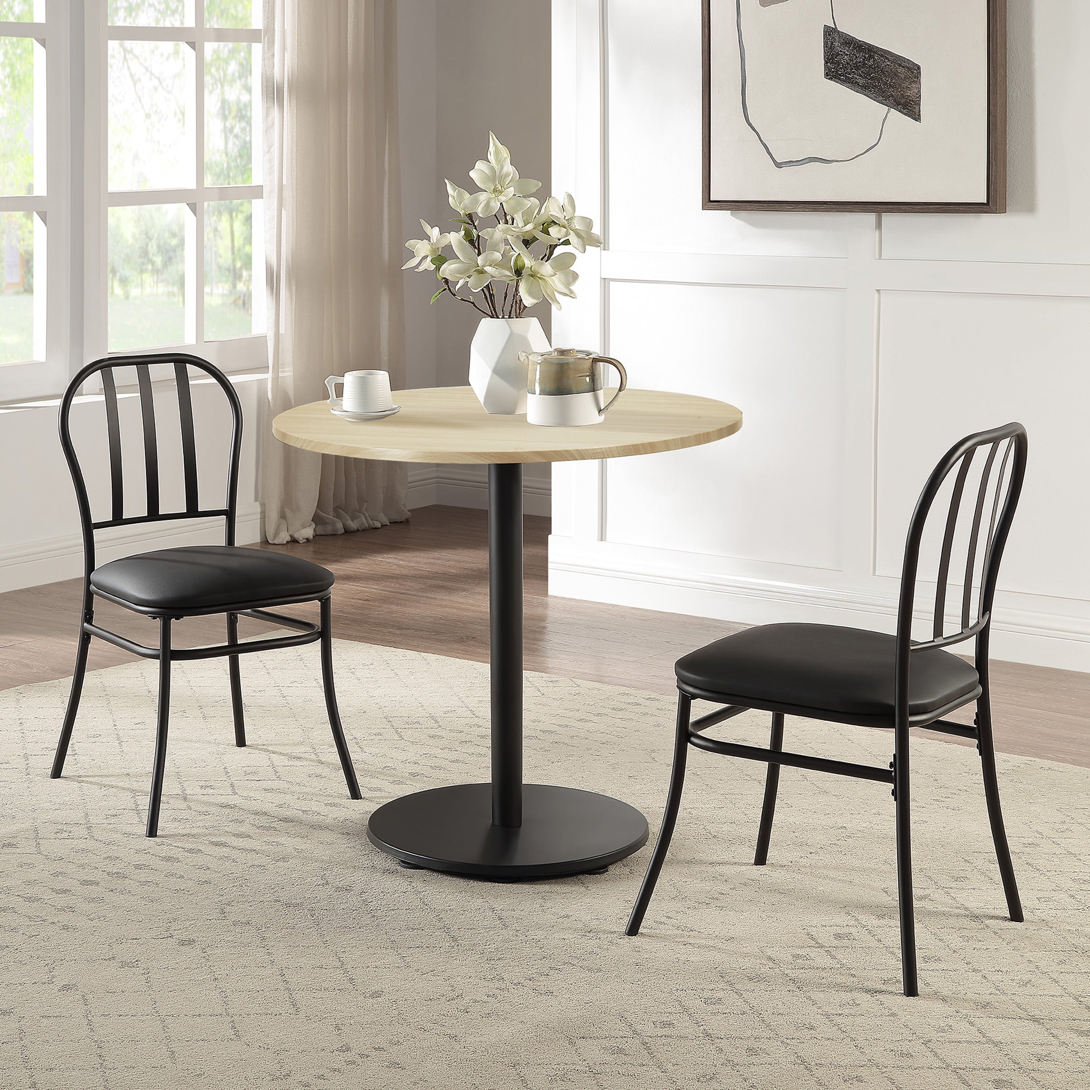 Mainstays 3 Piece Indoor Dining Bistro Set Wood Table Top Two Black Seat Chairs Walmart
