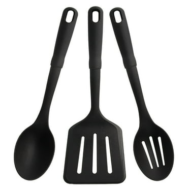 Mainstays 3-Piece Kitchen Utensil Set, Slotted Spatula, Slotted Spoon and Solid Spoon, Black, Nylon