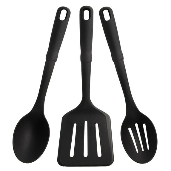 Mainstays 3-Piece Kitchen Utensil Set, Slotted Spatula, Slotted Spoon and Solid Spoon, Black, Nylon