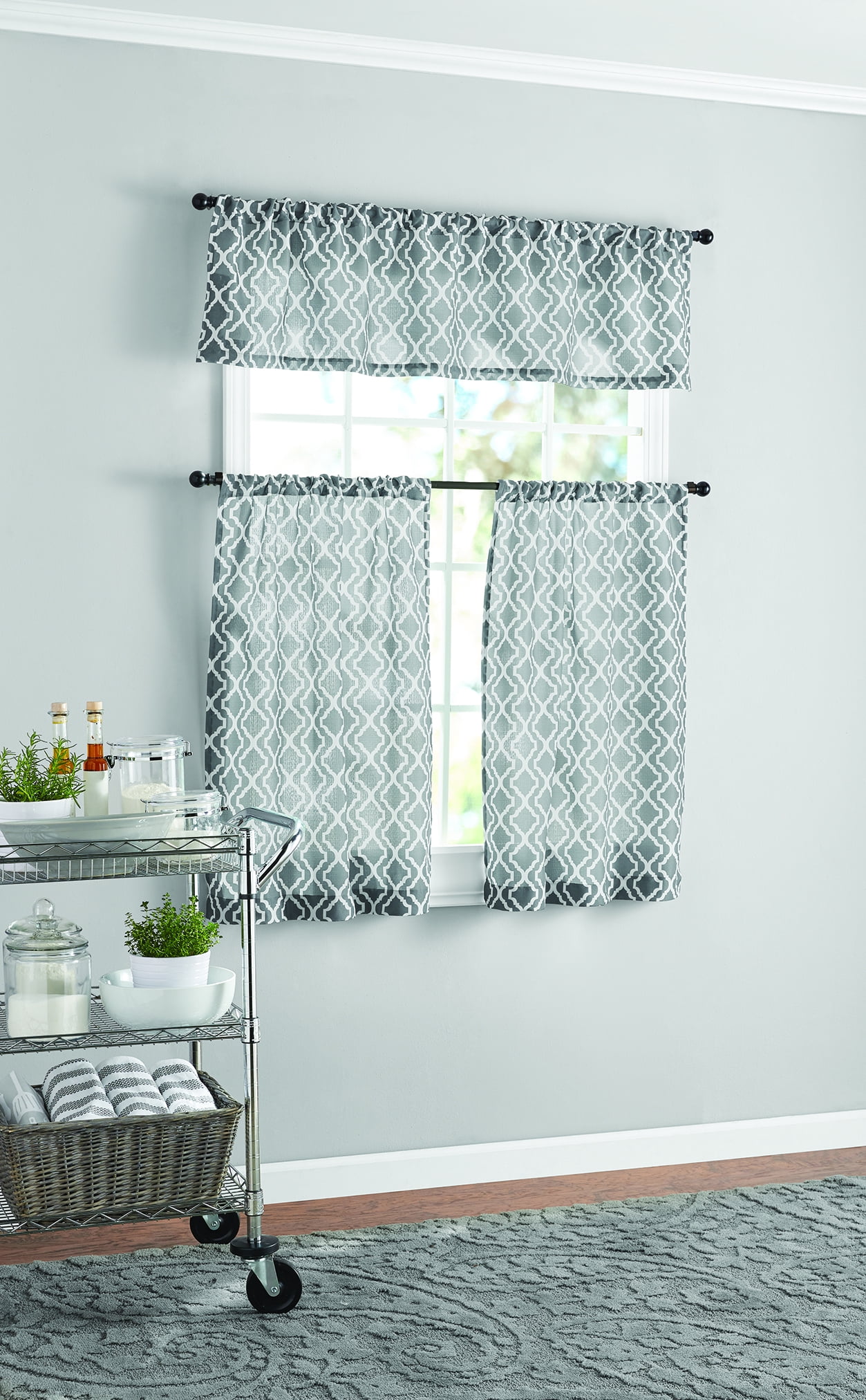 Mainstays Lattice Print Curtain Tier Pair and Valance Set, 3-Piece, Gray, 56" W x 36" L