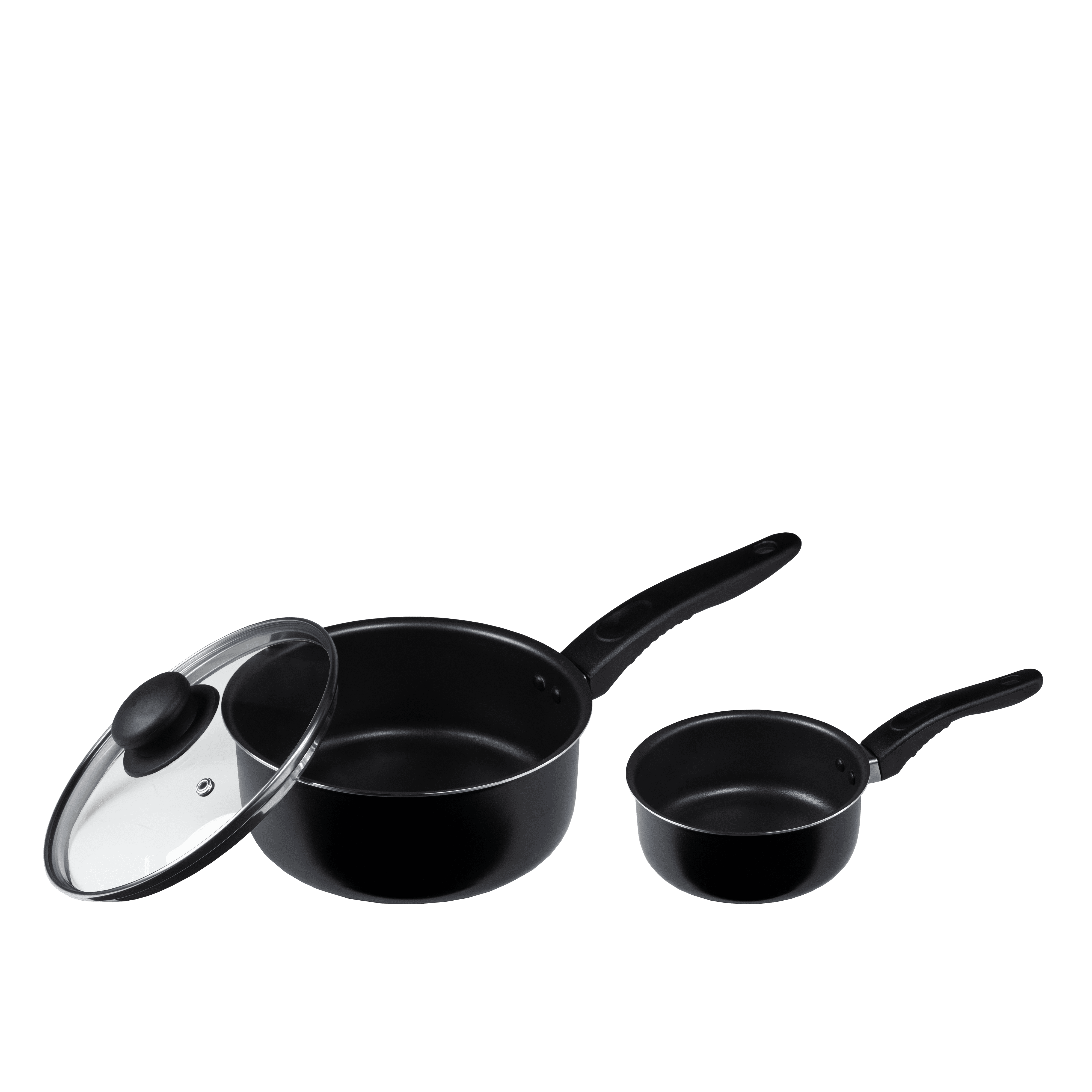 Mainstays 3-Piece Nonstick Sauce Pan Set, Black, 1 Qt & 2 Qt with Single Glass Lid