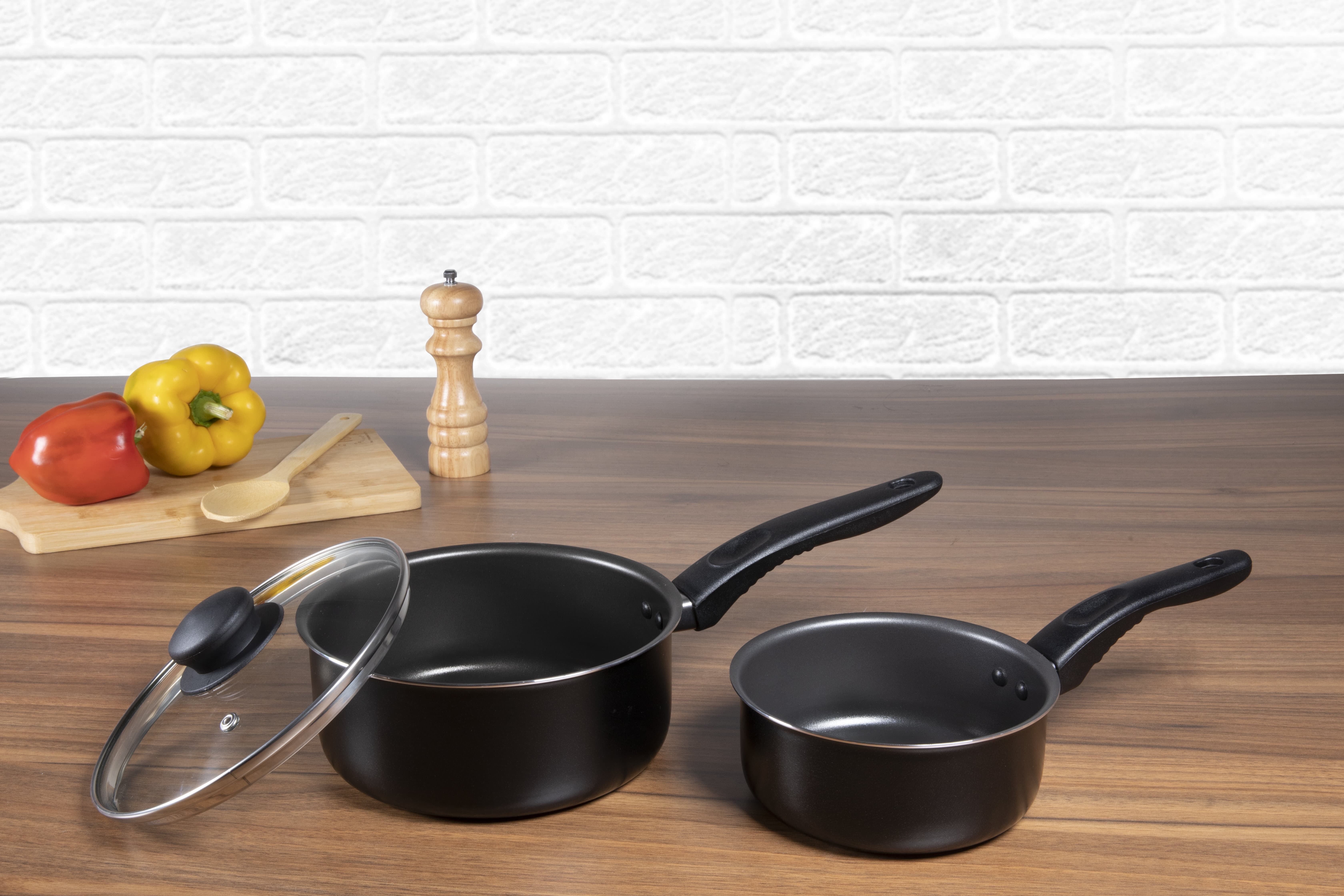 Mainstays 3 Piece Non-Stick Sauce Pans, Black, Set Includes 1Quart & 2Quart  Sauce Pan with Single Lid