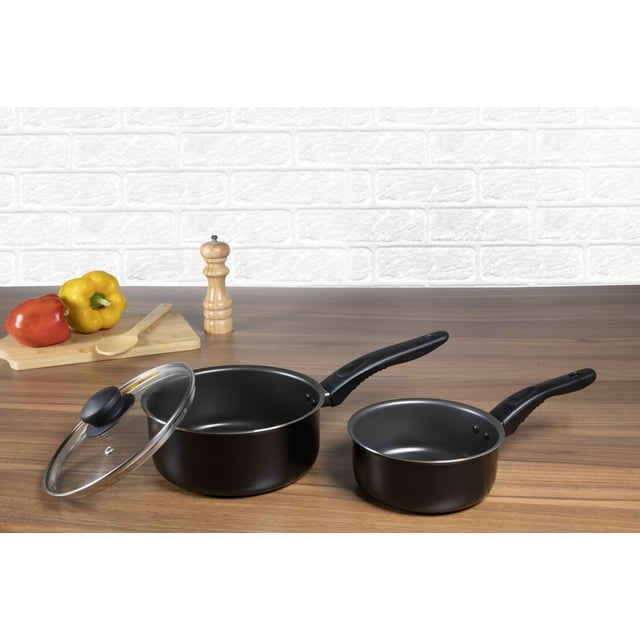 Mainstays 3 Piece NonStick Sauce Pans, Black, Set Includes 1Quart