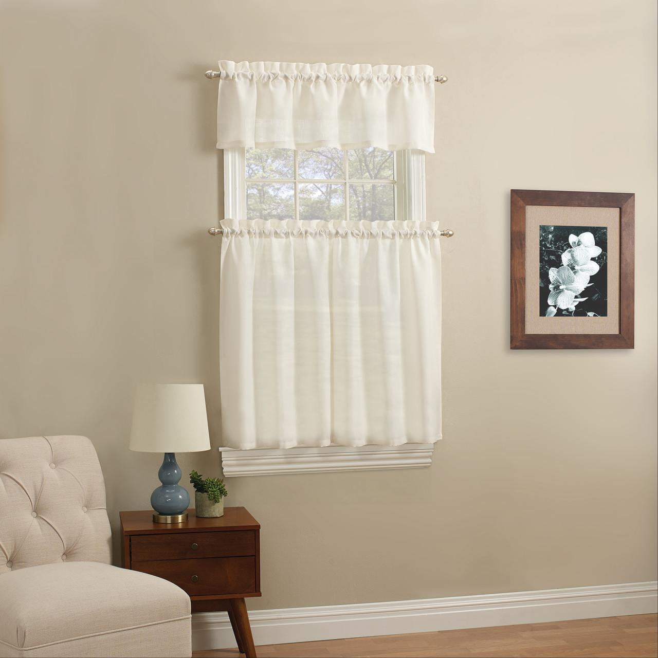 Mainstays 3 Piece Taupe Light Filtering Rod Pocket Tier and Valance Kitchen  Curtain Set, 56