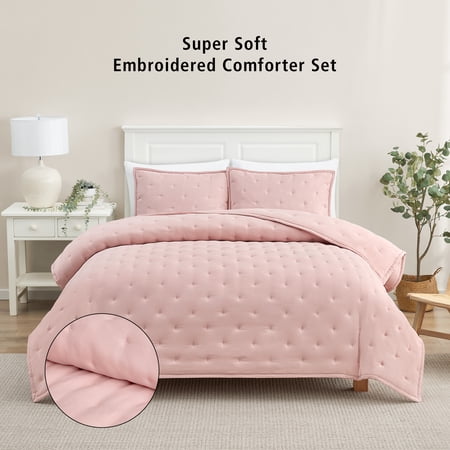 MAINSTAYS FULL/QUEEN COMFORTER SET, SUPER SOFT & EMBROIDERED, 3-PIECE, PINK