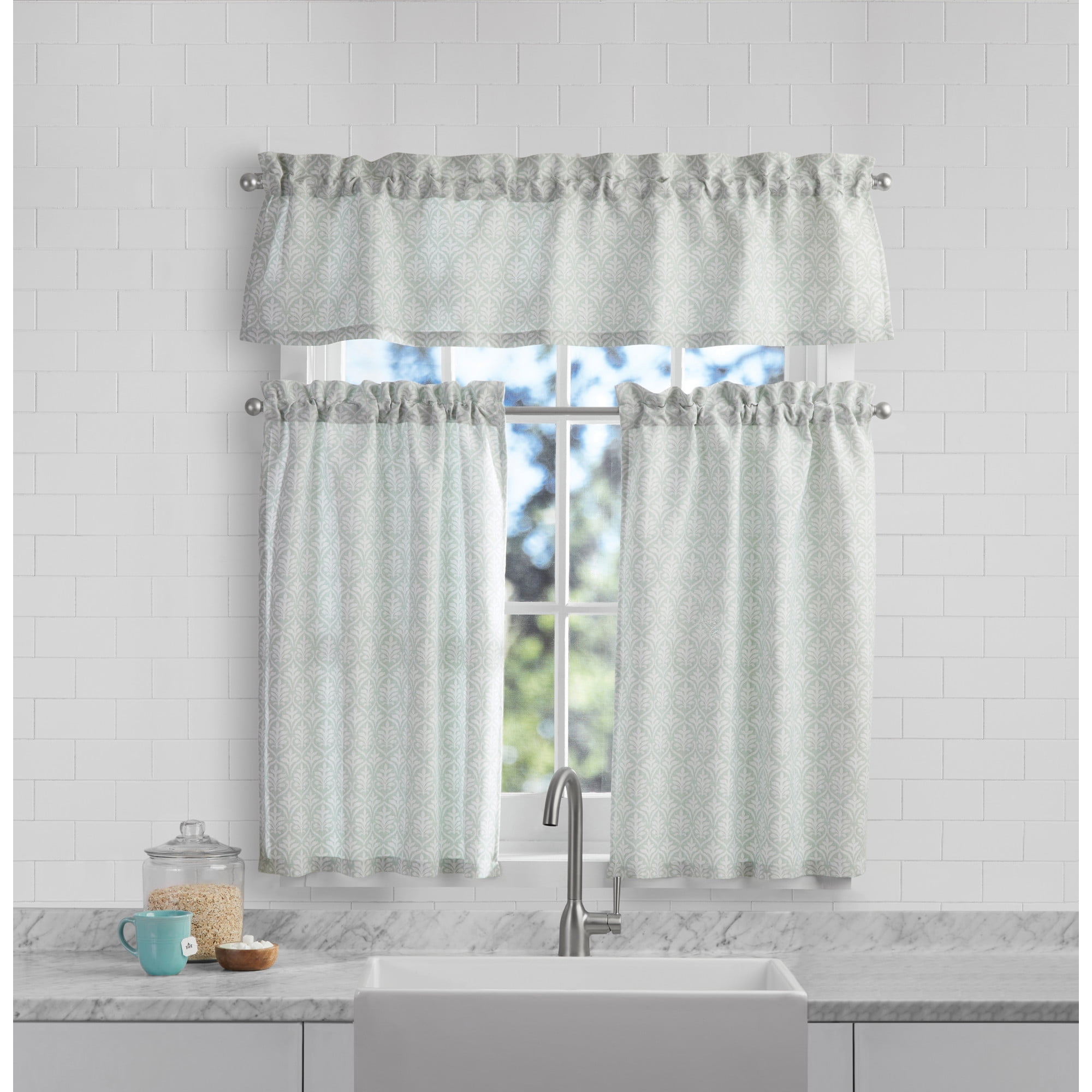 Mainstays 3 Piece Printed Tiers and Valance Set - Green Leaf, Seafoam, Recycled Polyester, BCI Cotton, 56"W x 14"L, Indoor Curtain, Adult