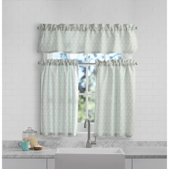 Mainstays 3 Piece Printed Tiers and Valance Set - Green Leaf, Seafoam, Recycled Polyester, BCI Cotton, 56"W x 14"L, Indoor Curtain, Adult