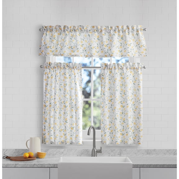 Mainstays 3-Piece Printed Tier and Valance Set, Lemons and Leaves Yellow, 56 in x 14 in, 65% Recycled Polyester/35% BCI Cotton