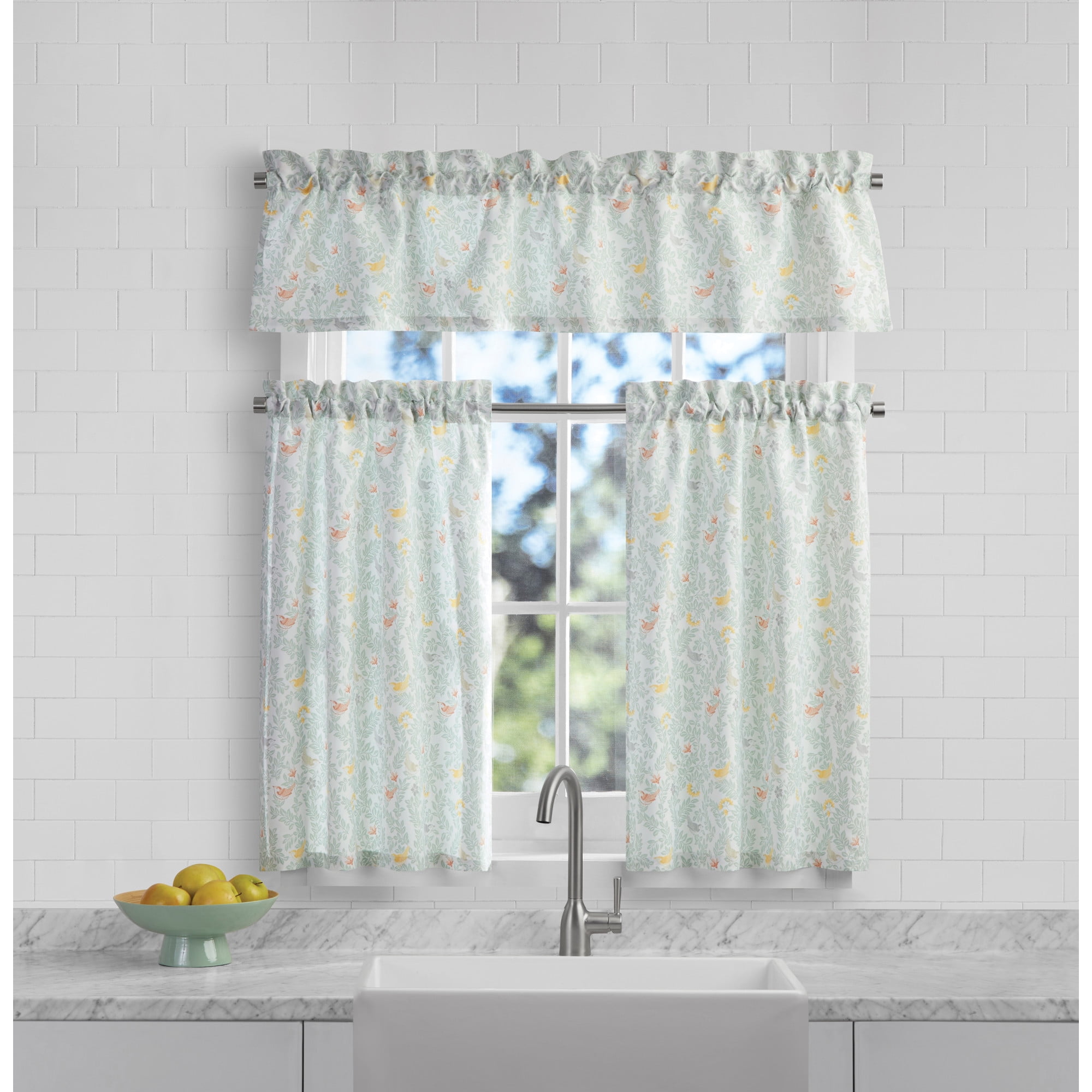 Mainstays 3 Piece Printed Tiers and Valance Set - Multi Birds, Multi, Recycled Polyester, BCI Cotton, 56"W x 14"L, Indoor Curtain, Adult